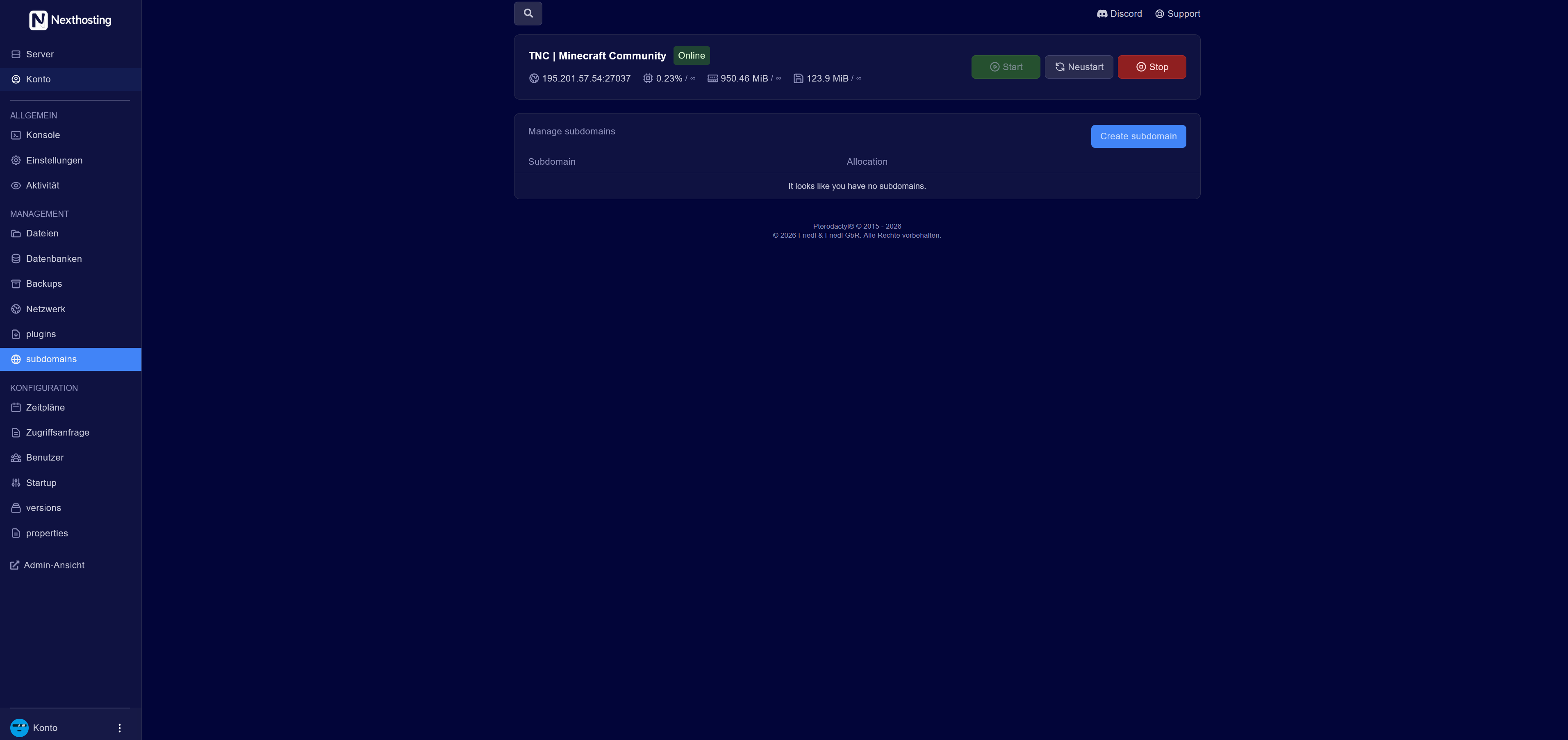 Panel: Subdomain-Verwaltung