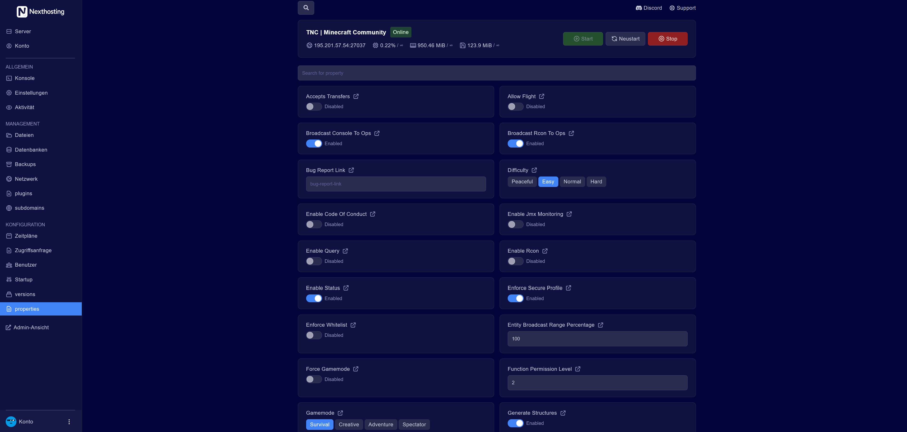 Panel: server.properties Editor