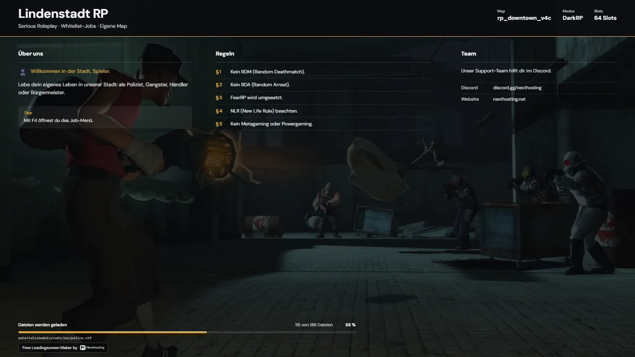Ontwerp Charter: kopregel met map en gamemode, kolommen voor Over ons, genummerde paragrafen en team