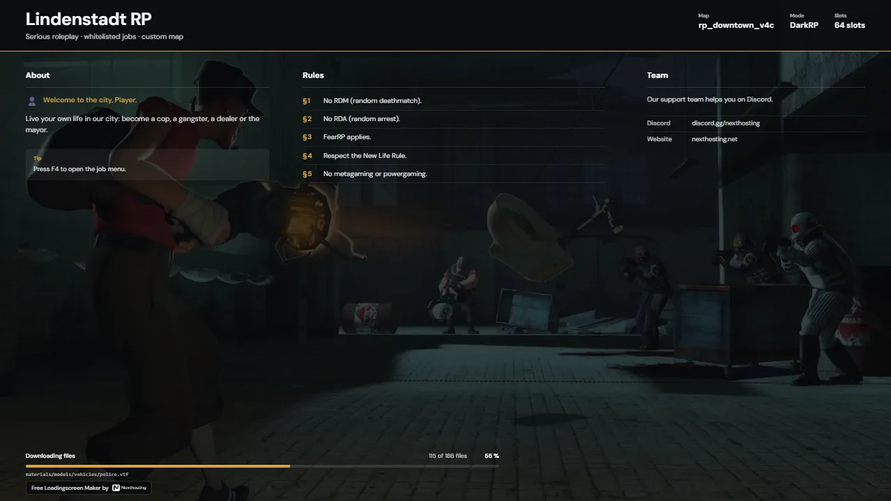 Charter design: header with map and gamemode, columns for about, numbered rules and team