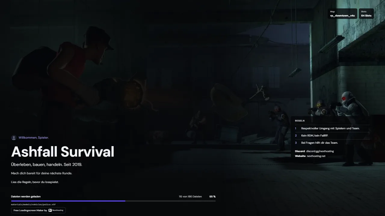 Loadingscreen in het ontwerp Horizon: servernaam linksonder, regels rechts, laadvoortgang met bestandsteller onderaan
