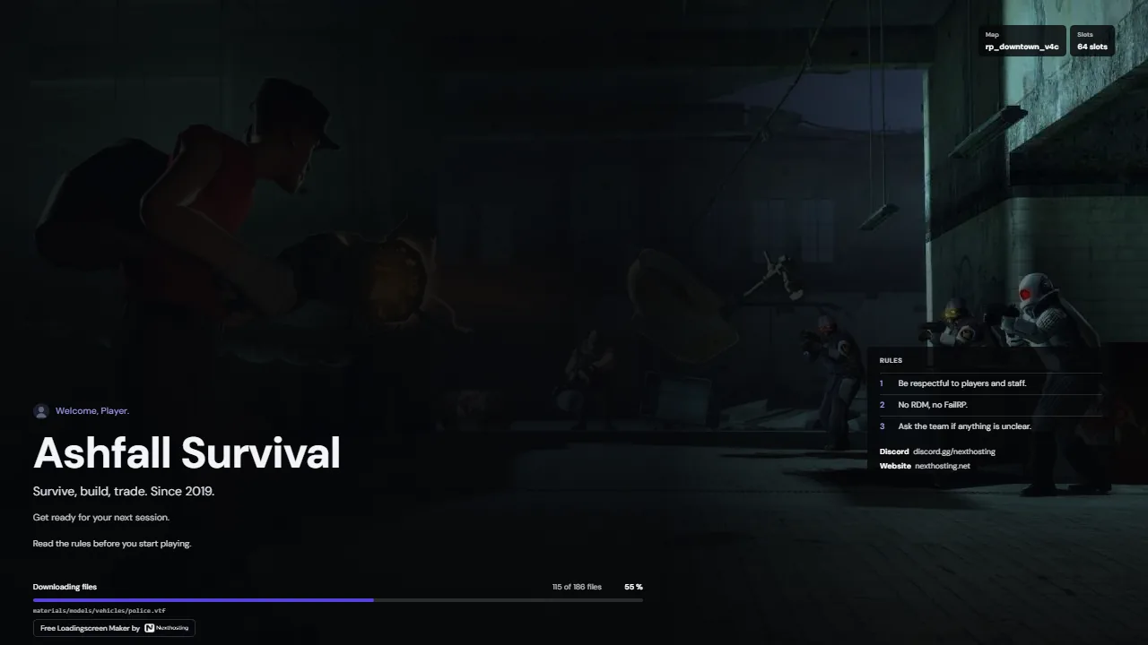 Loading screen in the Horizon design: server name bottom left, rules on the right, loading progress with a file counter at the bottom