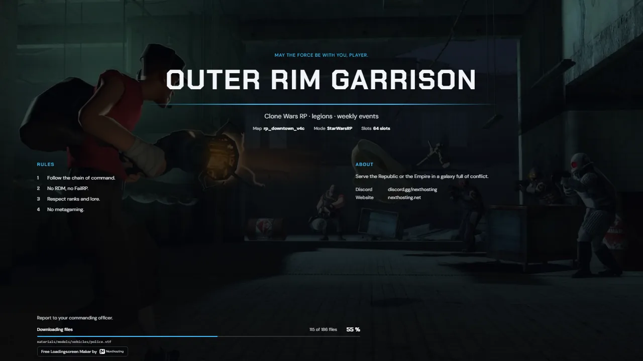 Pulse design: large uppercase server name over a beam of light, rules and info below