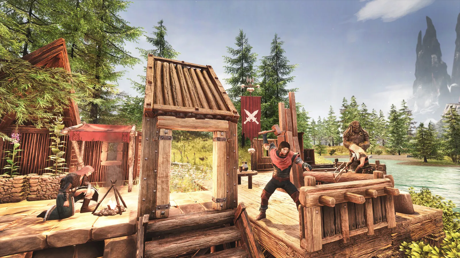 Spieler bauen in Conan Exiles eine Holzbasis an einem Fluss