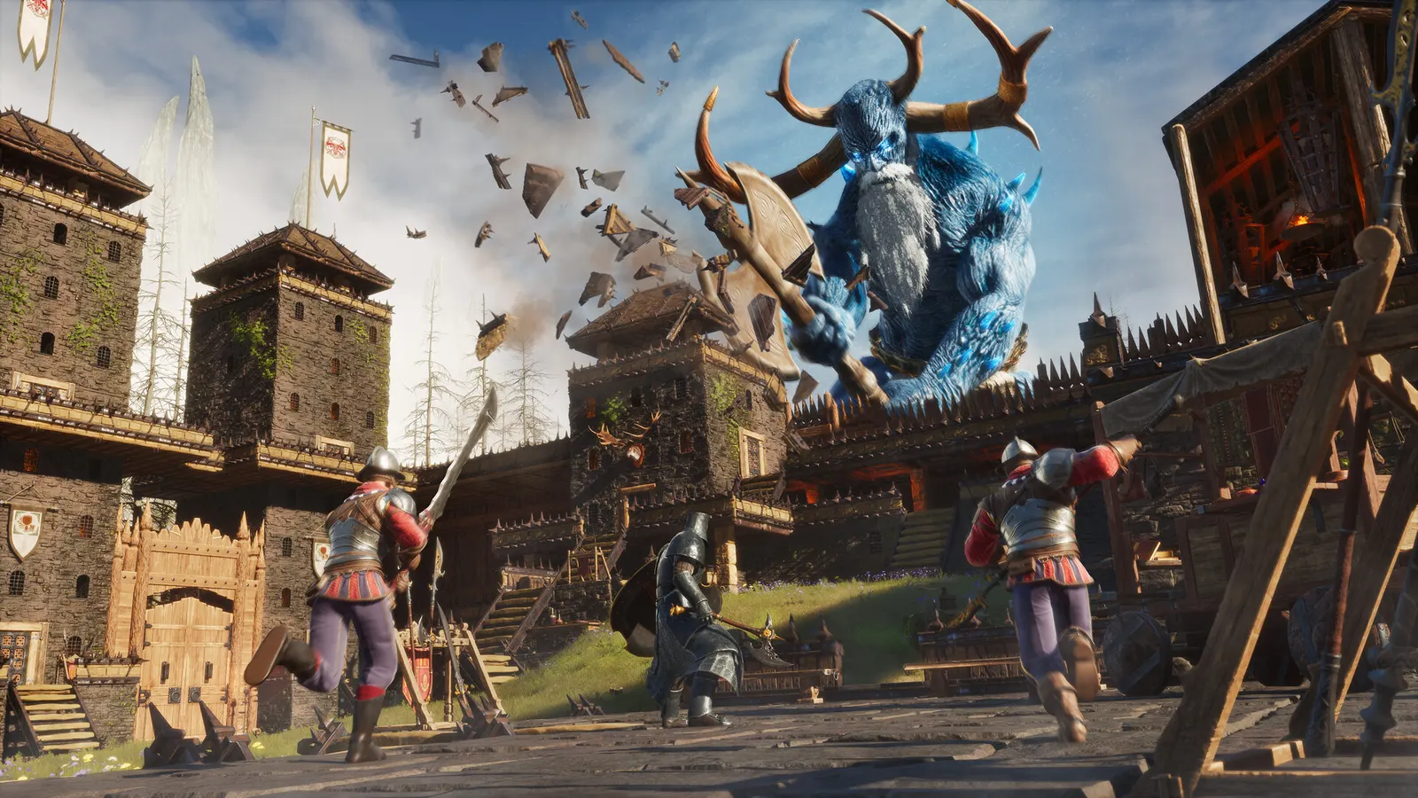 Belagerung einer Burg in Conan Exiles, ein riesiger Götter-Avatar zerschlägt die Mauer