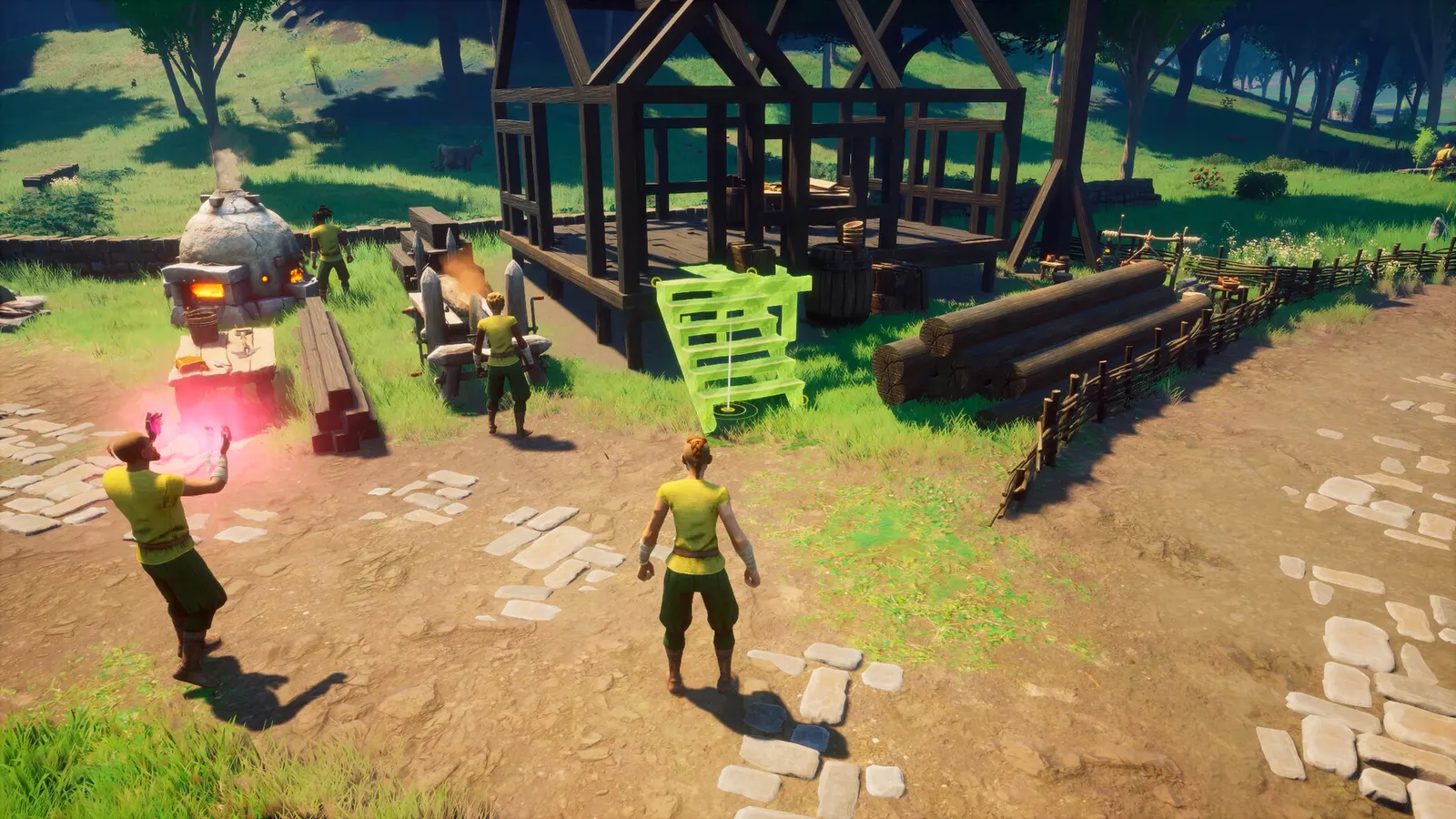 Mehrere Spielfiguren bauen in RuneScape: Dragonwilds an einem Holzhaus, ein neues Bauteil ist grün vorgemerkt