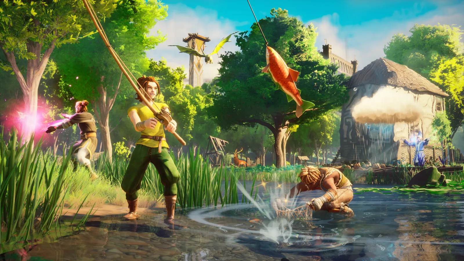 Drei Spielfiguren an einem Teich in RuneScape: Dragonwilds, eine angelt gerade einen Fisch, dahinter ein Dorf