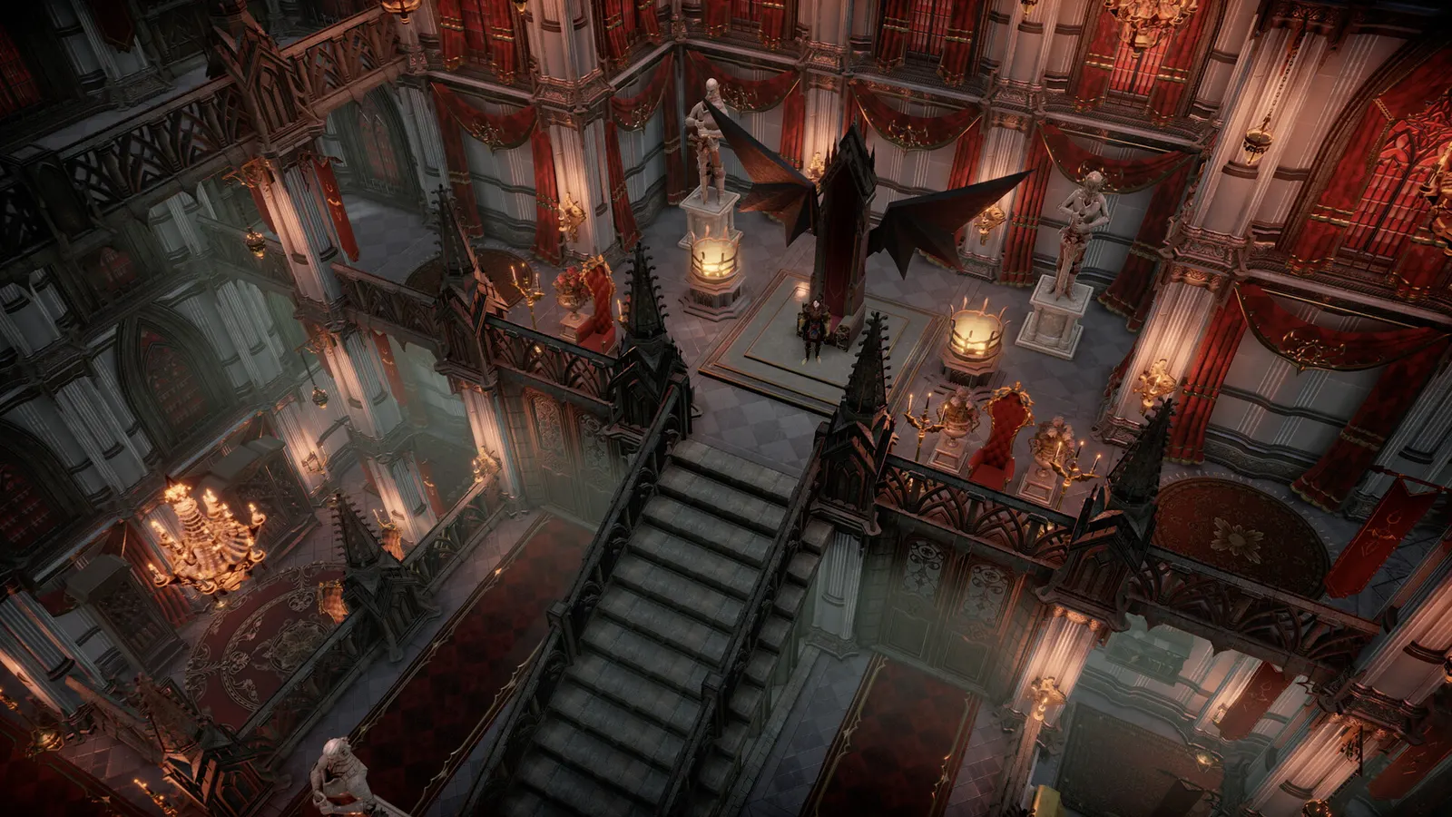 Thronsaal einer Vampirburg in V Rising mit breiter Treppe, Kronleuchtern und Flügelthron