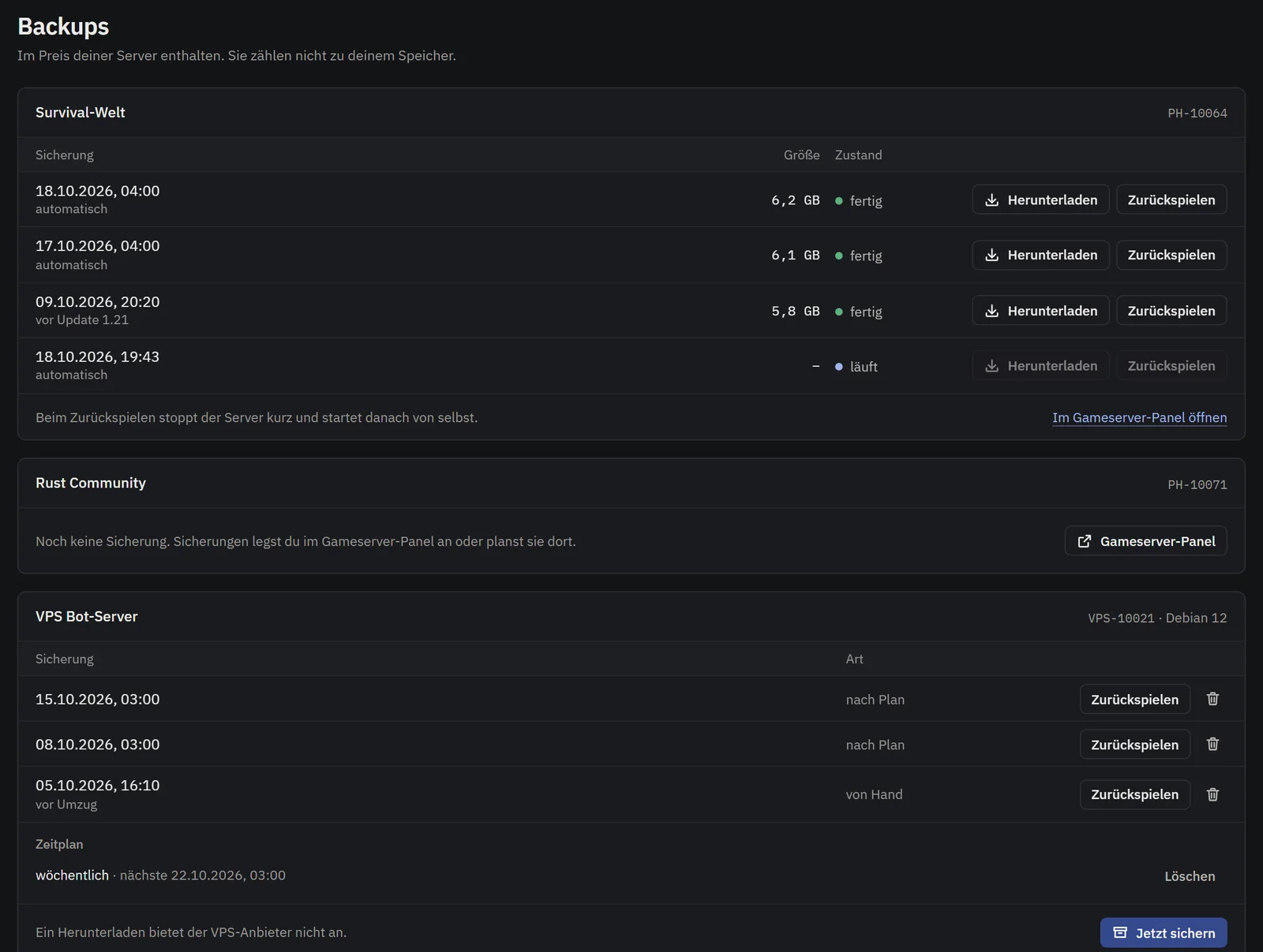 Backups i panelet: sikkerhedskopier af en gameserver med download og gendannelse, derunder en VPS med tidsplan