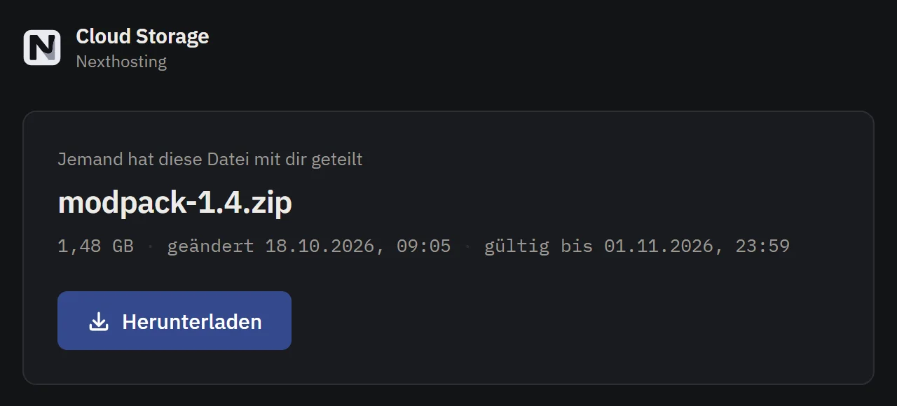 Downloadside for et delingslink med filnavn, størrelse, gyldighed og knap til download