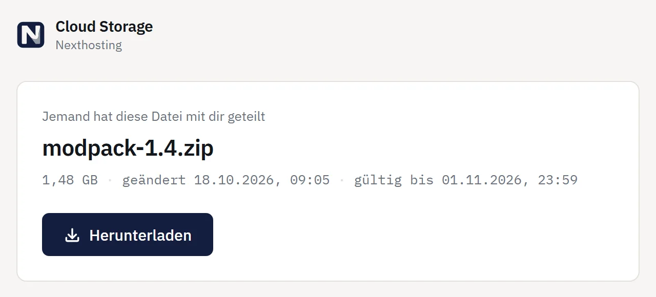 Downloadside for et delingslink med filnavn, størrelse, gyldighed og knap til download