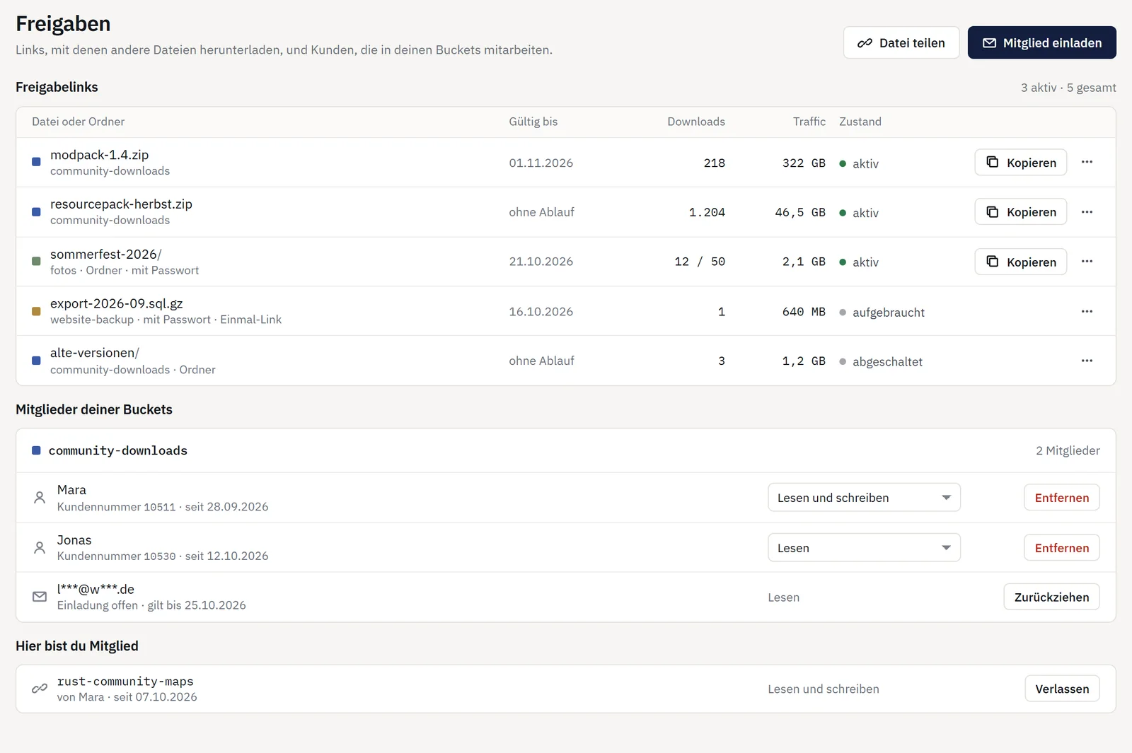 Siden Delinger: liste over links med gyldighed, downloads og trafik, derunder en buckets medlemmer med deres roller