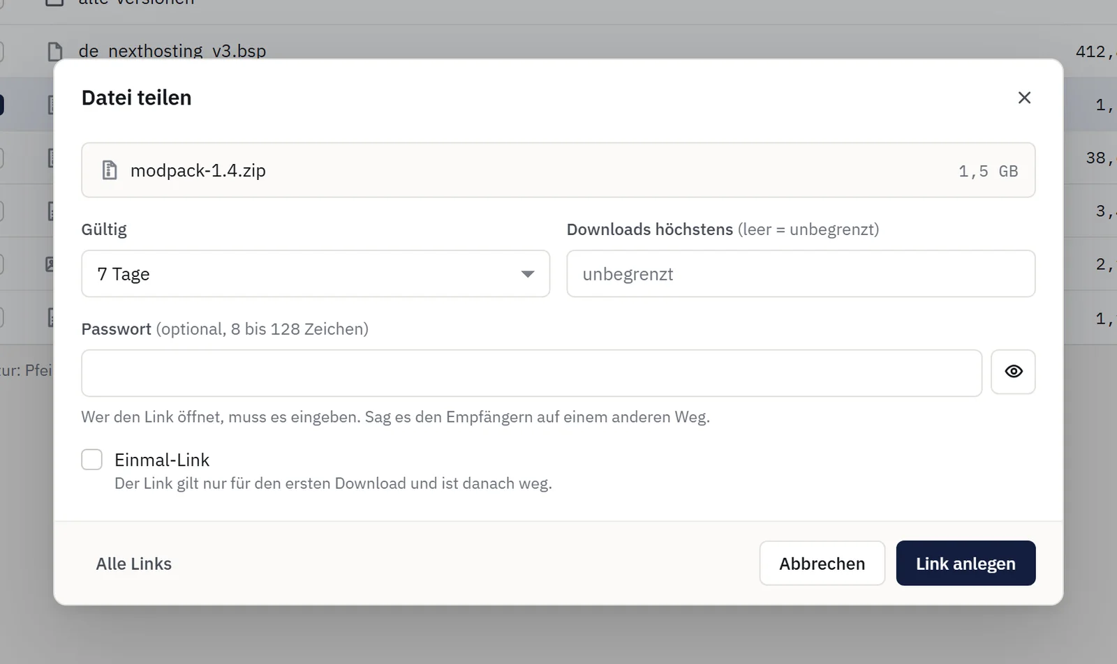 Dialogen „Del fil“: gyldighed, download-grænse, adgangskode og engangslink