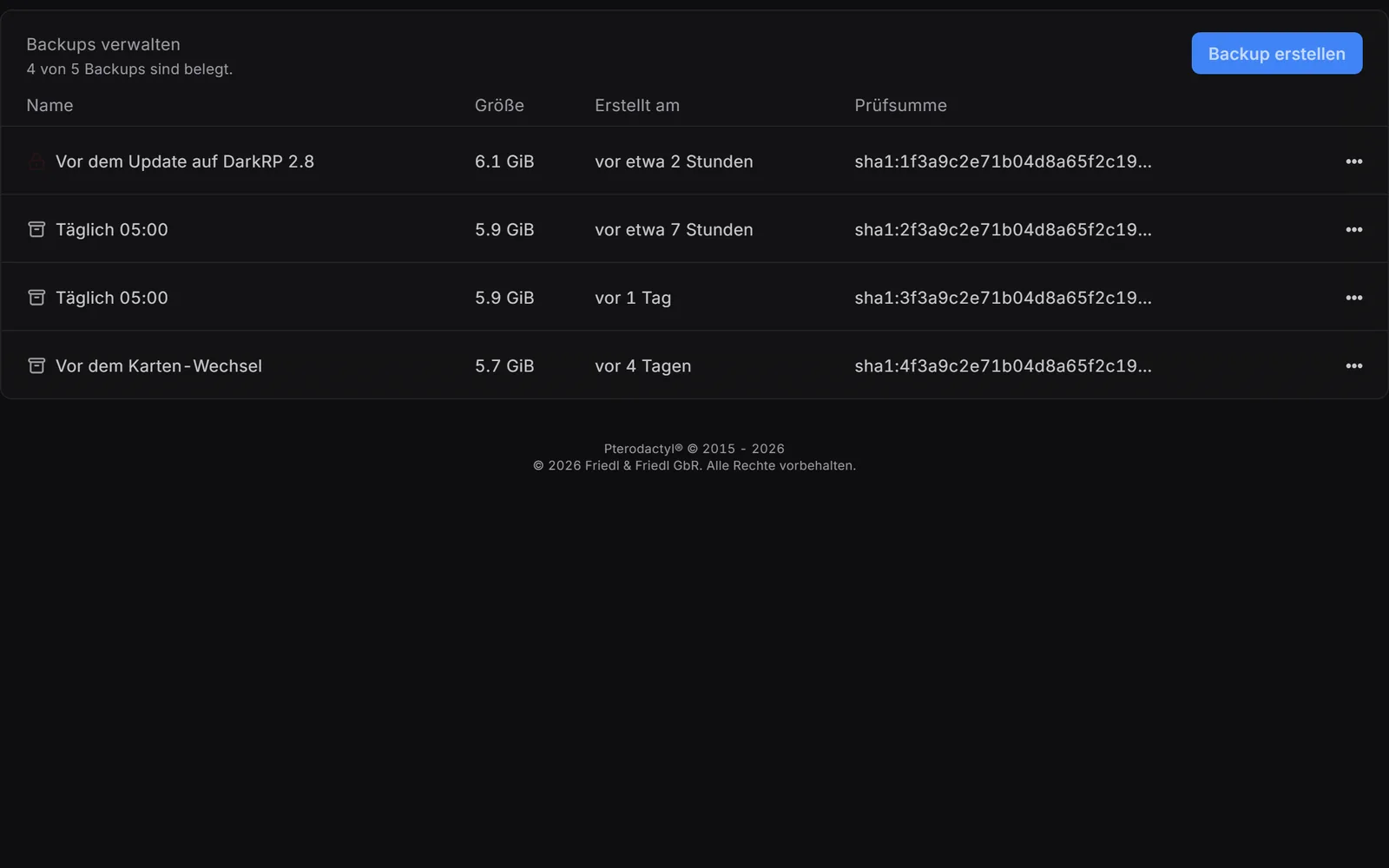 Gameserver-Panel, Backups: Liste der Backups eines Beispiel-Servers und der Knopf für ein neues Backup.