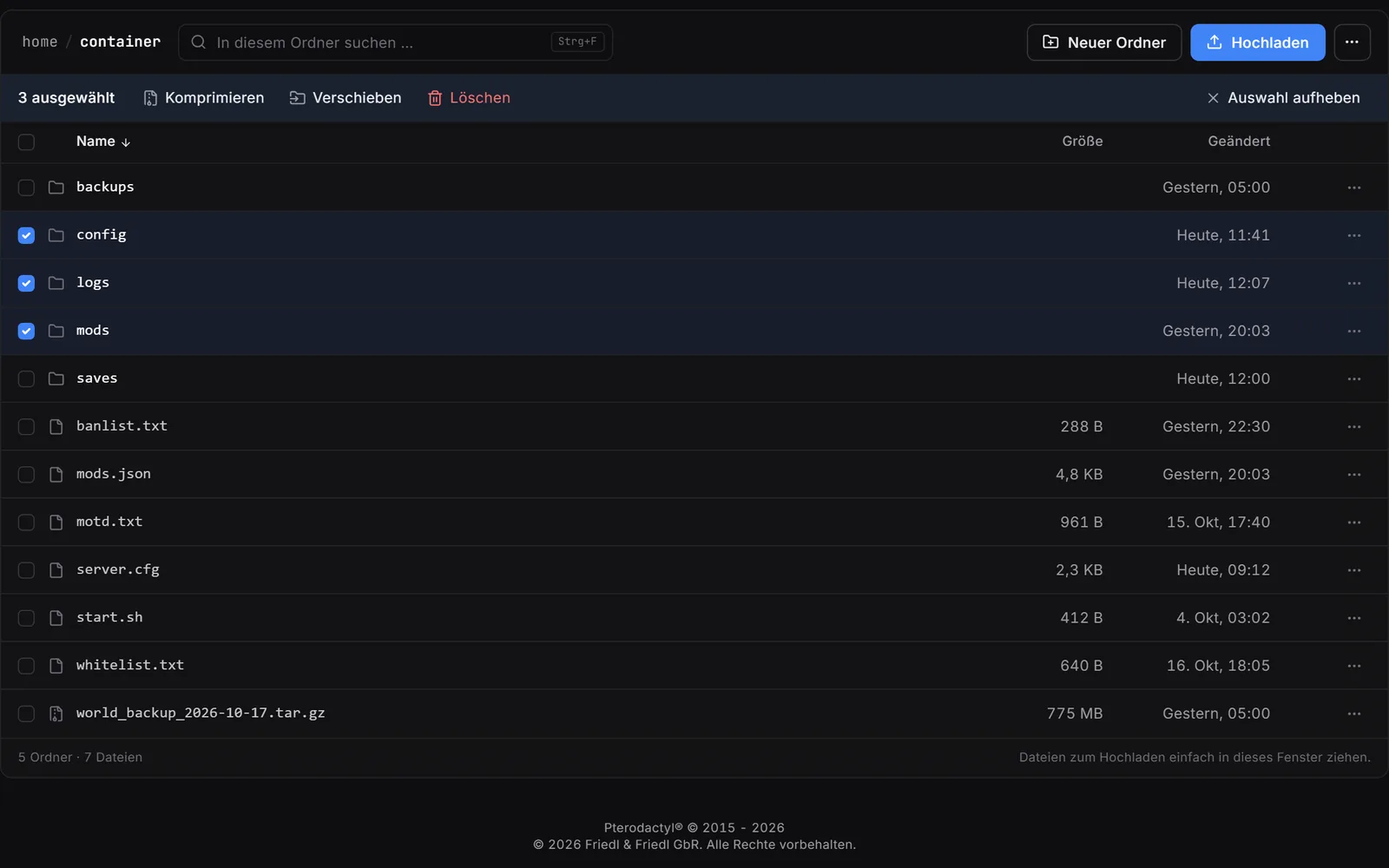 Gameserver-Panel, Dateimanager: Ordner und Dateien eines Beispiel-Servers mit Suche, Mehrfachauswahl und Hochladen.