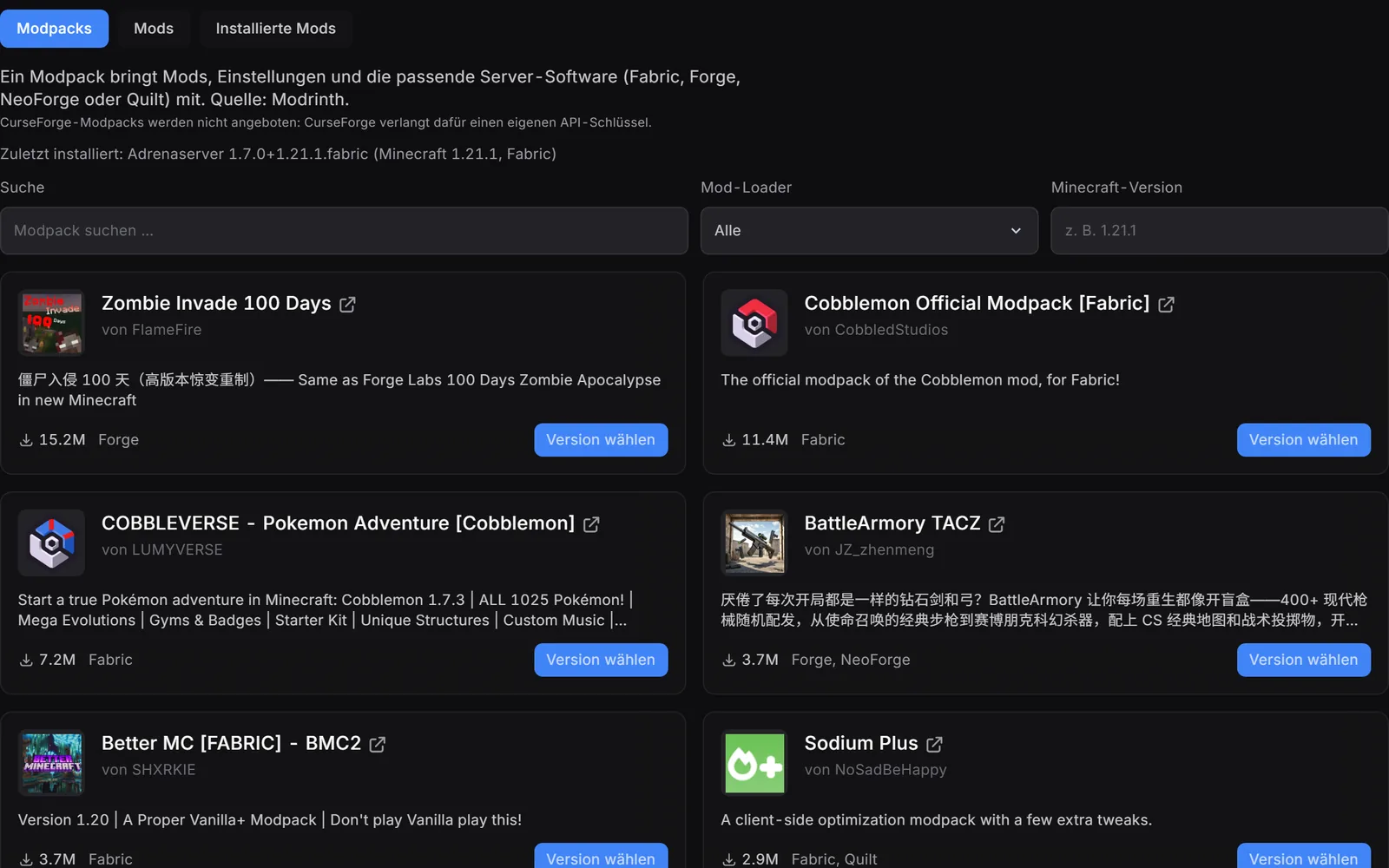 Gameserver-Panel, Modpacks: Suche nach Modpacks für einen Minecraft-Server mit Knopf zum Installieren.