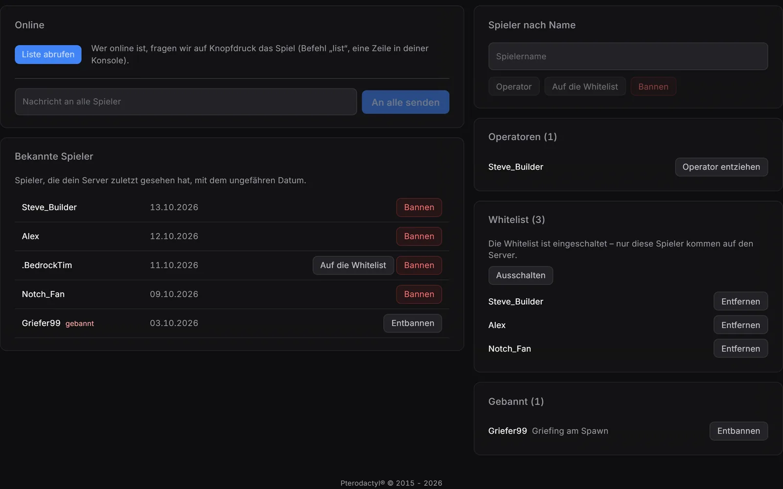 Gameserver-Panel, Spieler: Spieler eines Minecraft-Servers mit Operatoren, Whitelist und Bans.