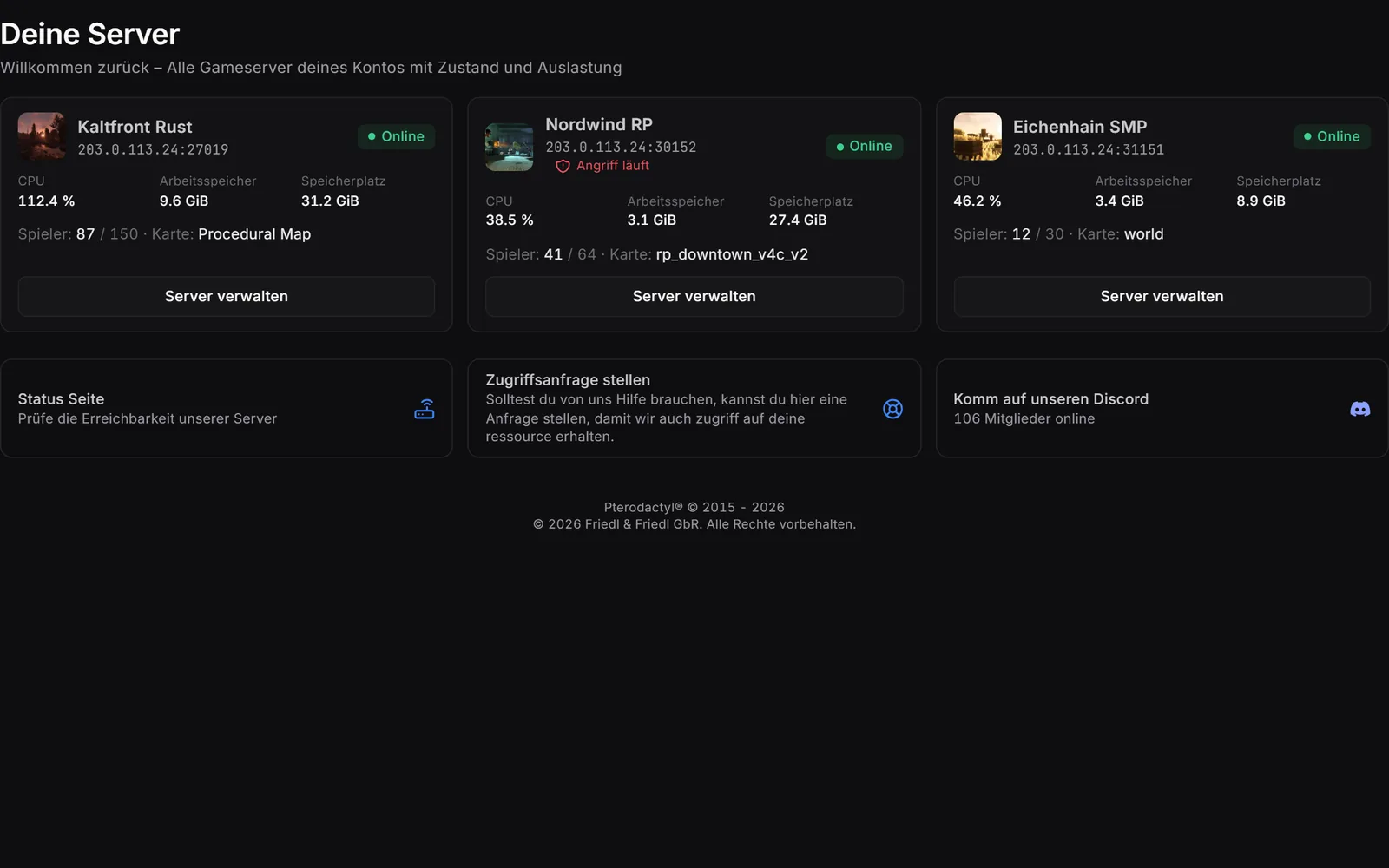 Gameserver-panel, startside: En kundes servere som kort med tilstand, CPU, RAM og adresse.