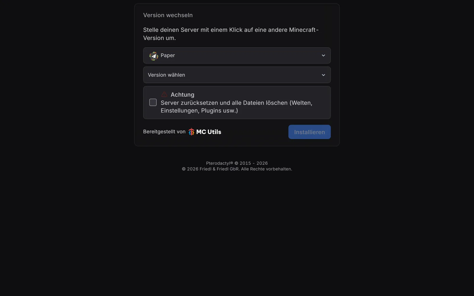 Gameserver-Panel, Versionen: Auswahl von Server-Typ und Version für einen Minecraft-Server.