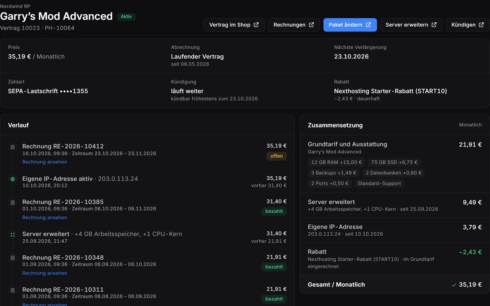 Gameserver-Panel, Vertrag: Paket, Preis-Aufschlüsselung mit Zusatzleistungen, nächste Verlängerung und der Verlauf der Änderungen.