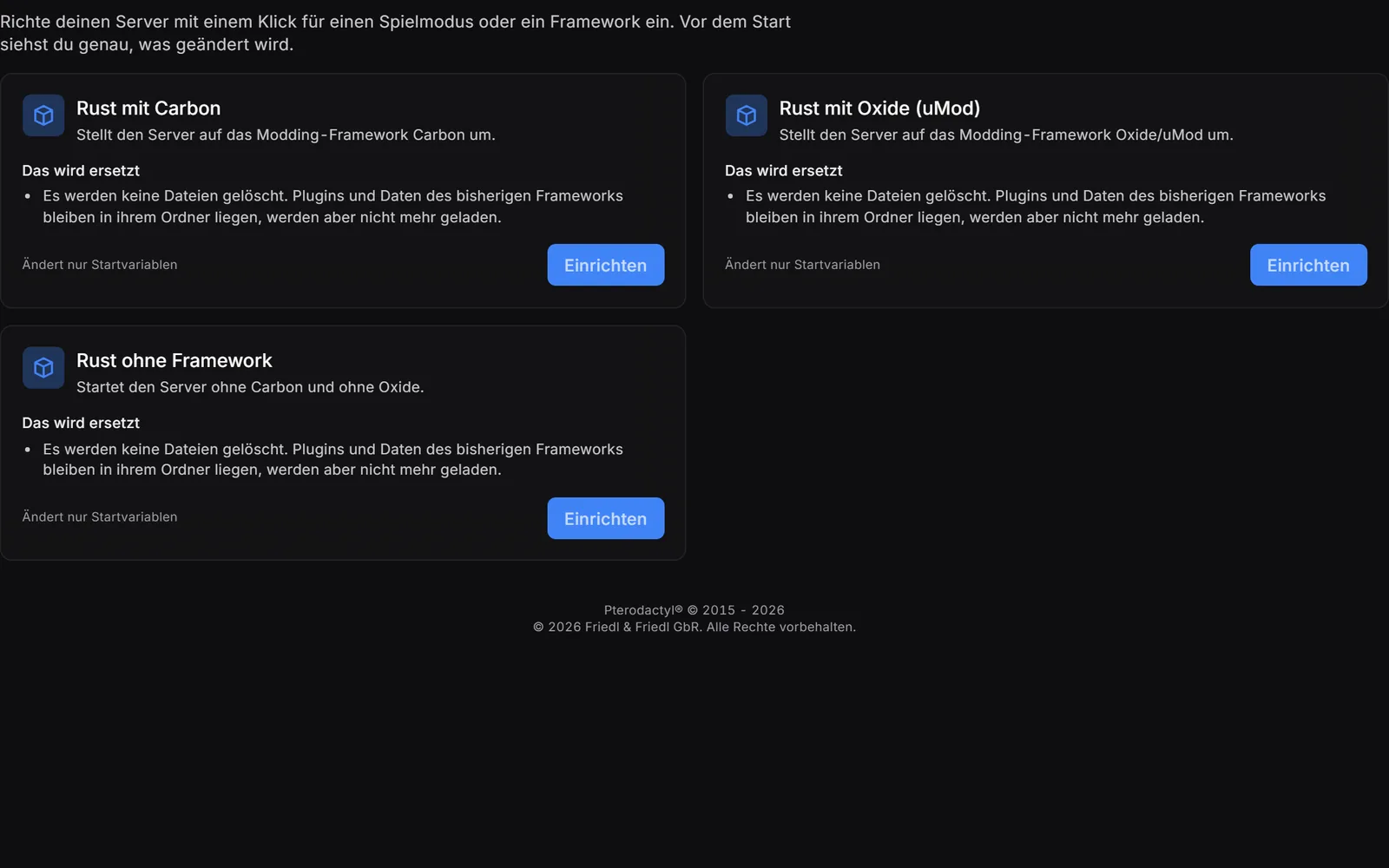 Gameserver-Panel, Vorlagen: Rust mit Carbon, mit Oxide oder ohne Framework, je mit Knopf zum Einrichten.