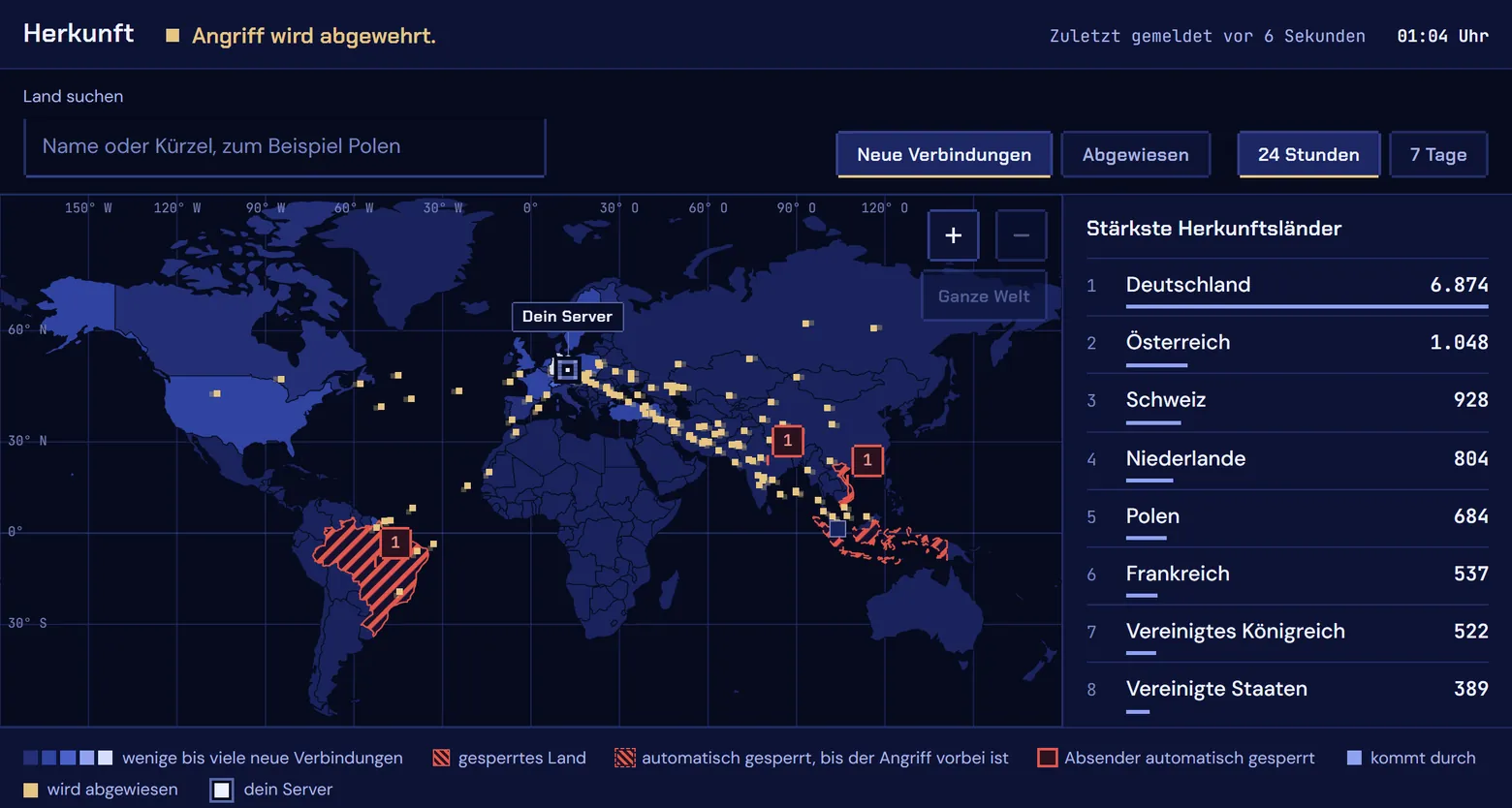 Protection panel, tab "Herkunft" (origin): world map with traffic by country, three blocked countries hatched in red, next to it the strongest countries of origin.