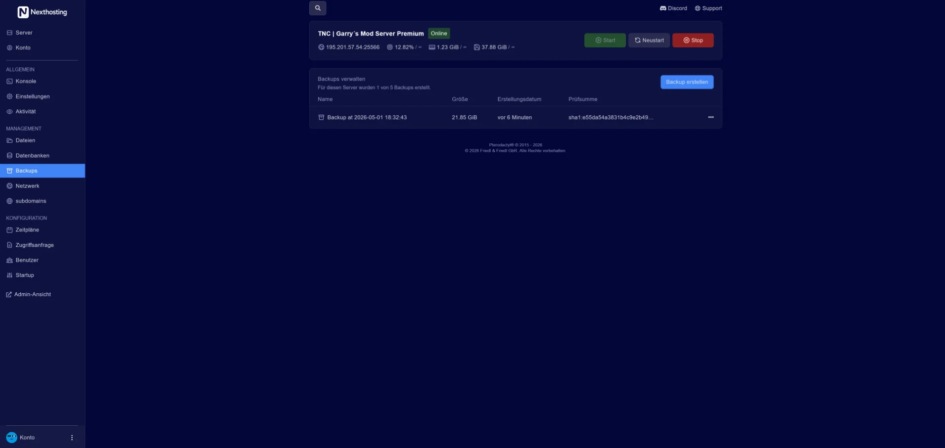 Game server panel: Backups