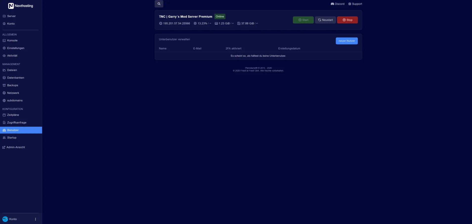 Game server panel: Users