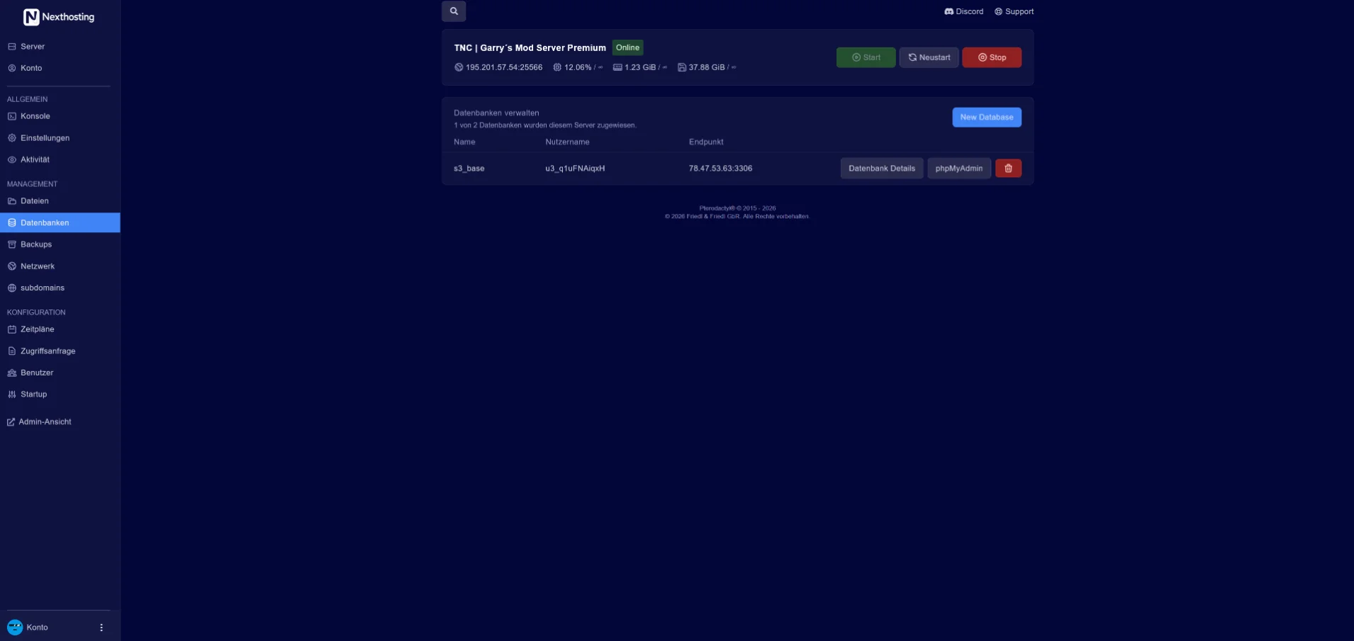 Game server panel: Databases