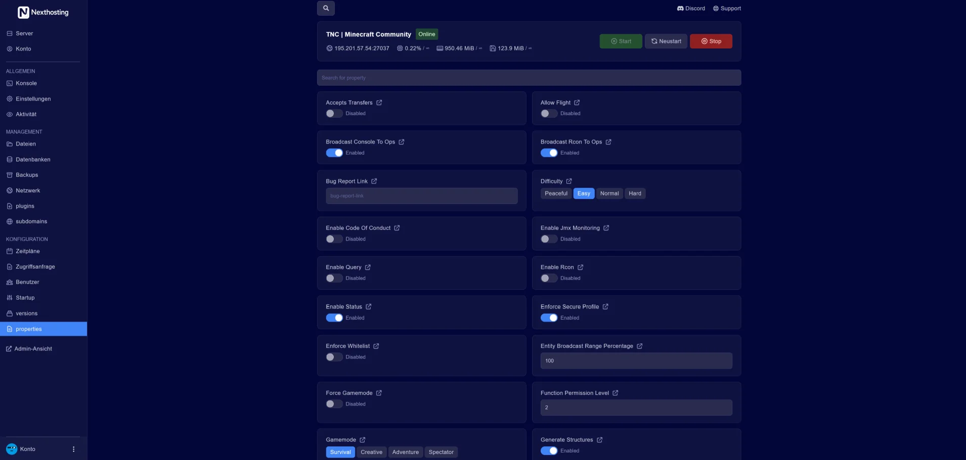 Game server panel: Properties editor