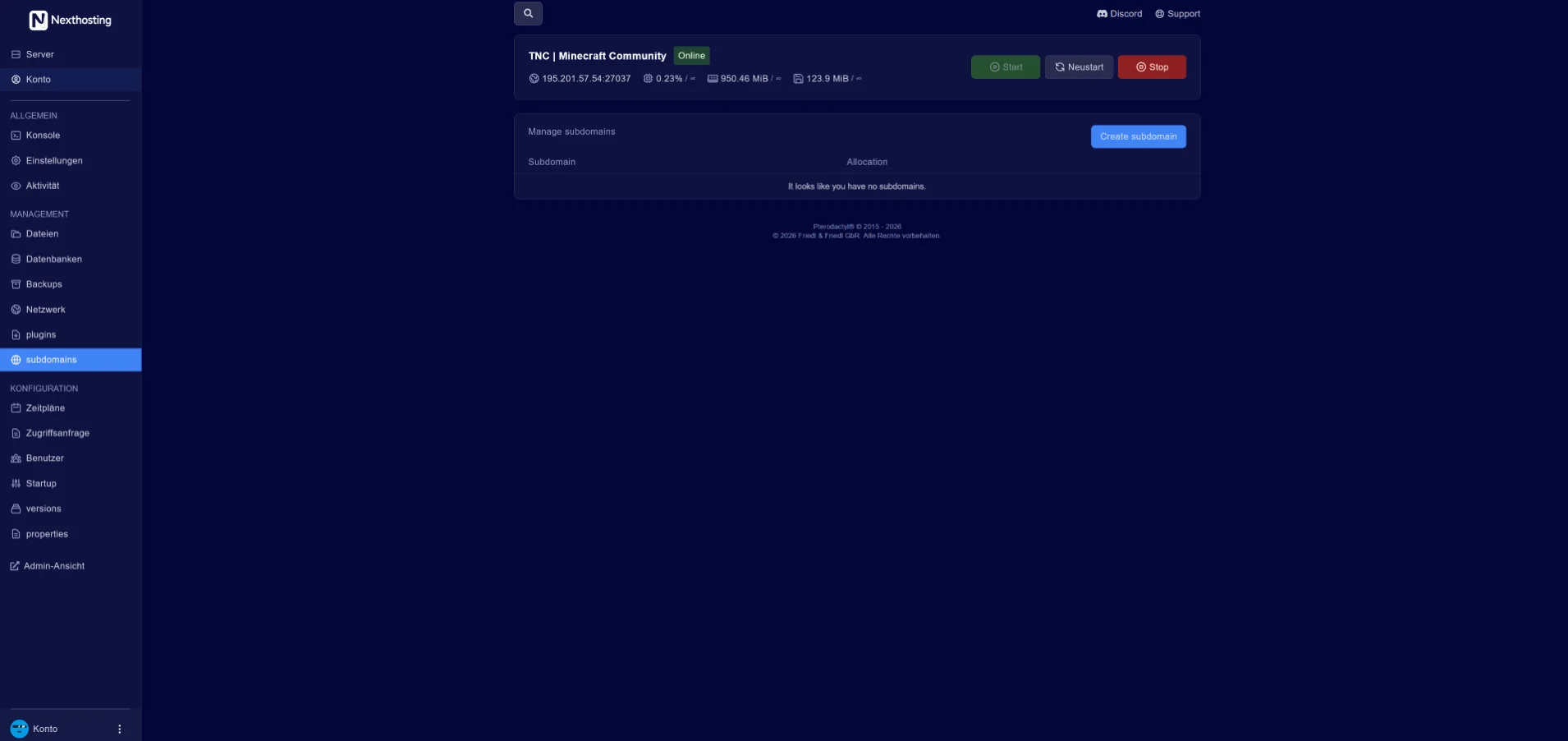 Game server panel: Subdomain